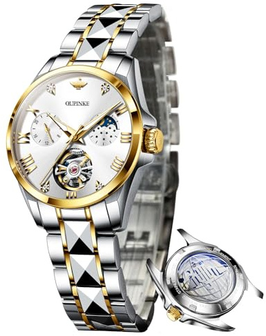 OUPINKE Armbanduhr für Damen, automatisch, luxuriös, Diamant-Skelett, selbstaufziehend, mechanisch, elegantes Kleid, Damen-Armbanduhr, Saphirglas, wasserdicht, leuchtend, Goldweiß, Mechanisch