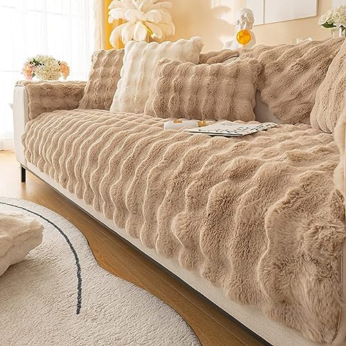 Hixako Funny Cosy Plush Non-Slip Couch Cover, Fluffy Thick Rabbit Plush Sofa Cushion, Garden Chic Cotton Protective Cover (Coffee,35.4 * 70.9 in)