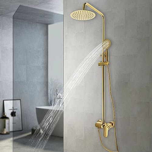 Regendusche System, Duschstange mit Brause, Dusche Regendusche Set mit 3 Strahlarten Handbrause, Wand-Duschsäulen-Brausegarnitur mit Einhebelmisch, Gold