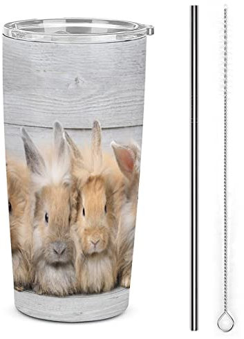 FJAUOQ Bunny Easter Rabbits on Wooden 20 OZ Stainless Steel Tumbler Leakproof Insulated Travel Coffee Mug with Lid Straw and Straw Brush Double Wall Water Bottle Cup