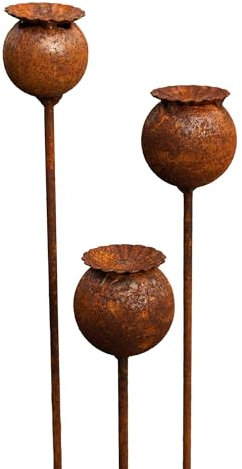 Lot de 3 piquets de jardin échinacée en métal rouille noble - Décoration de jardin - Tuteur de parterre - Piquet pour pot - Rouille naturelle (capsule de coquelicot)