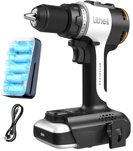 Litheli 20V Akku Bohrschrauber mit 1X10.000mAh Li-Ion Akku, bürstenlosen Motor, 60 Nm Maximaldrehmoment, 17+1 Drehmomentstufen, 13mm Schnellspannbohrfutter für Reparaturen zu Hause