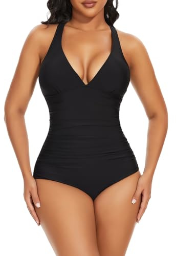 SHAPERIN Women One Piece Swimsuit Deep V Neck Tummy Control Swimwear Monokini Sexy Cross Back Bathing Suit Shapewear Bodysuit, Black, XL