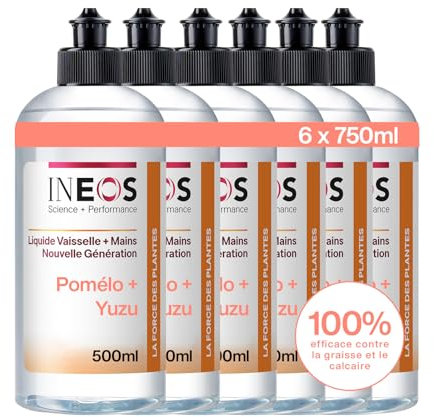 INEOS Liquide Vaisselle et Mains, 2 en 1, Nettoyage Imbattable, Efficace Contre La Graisse Et Le Calcaire, Doux Pour Les Mains, Parfum Pomelo et Yuzu, Pack de 6 X 500ML, L'emballage Peut Varier