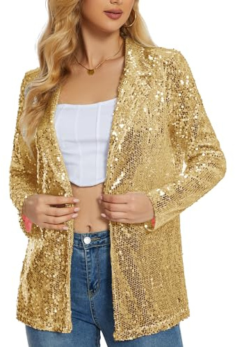 Ypser Women's Sequin Blazer Open Front Sparkle Jacket Glitter Coat for Evening Party Golden