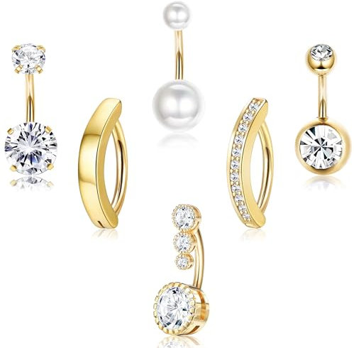 FIOROYAL 6 Stück 14G Bauchnabelpiercing Chirurgischer Silber/Gold CZ Clicker Bauchnabelpiercings Ring 10mm für Frauen Piercing Bauchnabel Schmuck Gold