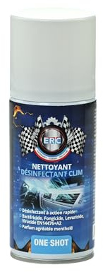 ERC | Désinfectant Clim Voiture One Shot Bactéricide Virucide | Élimine Bactéries, Moisissures, Champignons en 15 min | Diffusion Automatique Spray Mentholé | Norme EN14476 Fongicide | 150 ml