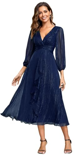 Ever-Pretty Abendkleider Damen Elegant für Hochzeit Hochzeitsgäste Kleid Knielang A-Line Cocktailkleid Langarm Festliche Kleider Navy Blau 48