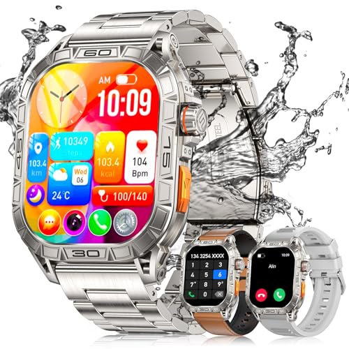 LIGE Militär Smartwatch Herren mit drei Armbändern,1,96HD AMOLED Smart Watch für iOS/Android,IP68 Wasserdicht,Fitnessuhr mit 100+ Sports,Sportuhr,Bluetooth-Anrufe,Herzfrequenz-/Schlaftracking,Silber