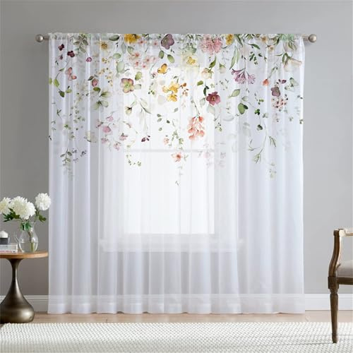 Surwin Gardinen mit Ösen, Europäischer Stil 2er Set Vorhänge, Modern Transparent Vorhänge Wohnzimmer Polyester Gardinen Küche Fenster Wohnzimmer Schlafzimmer (W132xH137cm,Blumen)