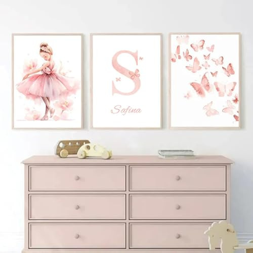 Youihom 3 väggaffischer, Väggdekoration Inredning Barnrum, Personliga Babybilder med Namn, 30 x 40, Affisch för Babyrum, Flickor, Balett, Fjäril, Ros, Duk utan Ram