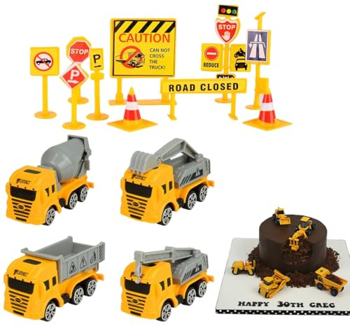 QEDBOJE 13 Stück Kuchen Deko Baustelle, Bagger Kuchendeko, Baustellenfahrzeuge Verkehrsschilder Kinder, Baustelle Spielzeug Kuchen Deko Junge, Bagger Spielzeugauto, für Geburtstag