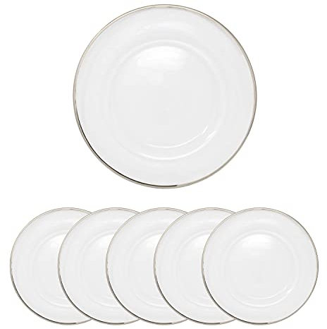 Trimming Shop Sottopiatti trasparenti da 33 cm, con bordo argentato, piatti decorativi trasparenti per tavolo da pranzo per eventi, matrimoni, banchetti, feste, casa e sala da pranzo, confezione da 6