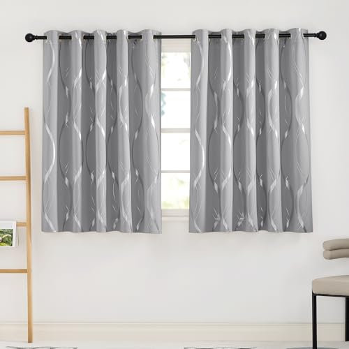PONY DANCE Wave Blackout Curtains for Window Bedroom - Extra Wide Thermal Insulated Black Out Drapes with Foil Printed Soundproof Privacy Protection for Living Room, 66 x 54 Inch, Silver Grey, 2 Pcs