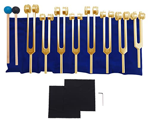 Diheohg Die Stimmgabel, 7 Chakren + 1 Seelen Zweck Gewichtete Stimmgabeln, Instrument Aus Aluminium Legierung 126,22-141,27 Hz Usw.Golden