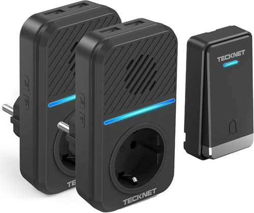 TECKNET Funkklingel Batterielose mit 2 Steckdosen und 4 USB Anschlüsse | IP65 Wasserdicht, 400 M, 60 Melodien, 5 Lautstärken, LED, 4 USB-Ports – für Haus & Büro