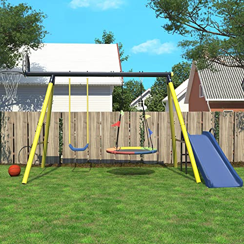 ANIROY Kids Swing Set with Metal Frame, Nest Tree Swing, Basketball Hoop, Slide, Backyard Playground Outdoor Play Frame Toy for children, Over 3 Years Old, Yellow