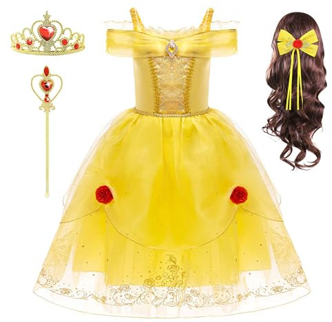 New front Princesa Niña Disfraz Bella y Bestia Princesa Vestido Disfraz de Princesa Belle Vestido y Accesorios Cosplay Festival Carnaval Fiesta Halloween Navidad,Amarillo,140