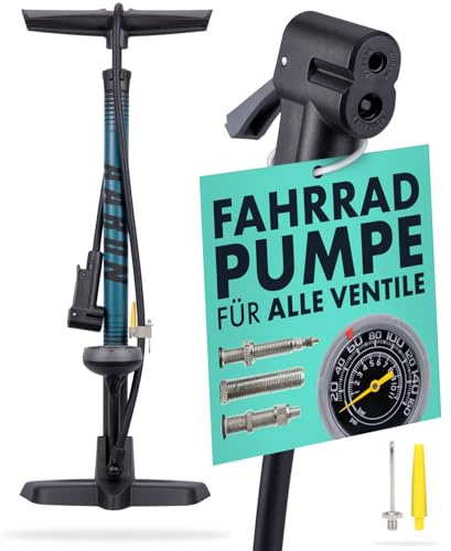 AARON Sport One cykelpump med manometer för alla ventiler | högtryckcykelpump inkl. bollfäste | luftpump för elcykel, mountainbike, racercykel UVM. Blå