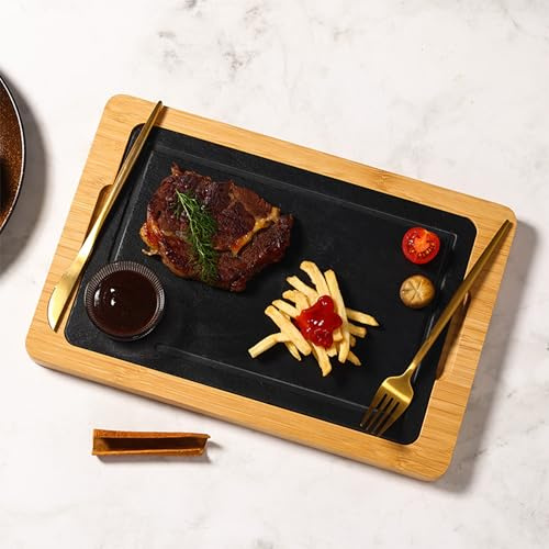 SQAQS Steak Plate, Fine Workmanship, Serving Board Made of Plate, Steak Sushi Slate Serving for Grilling, Durable Board for Burger, Thick Meat Platter, 26 * 19cm (Black)
