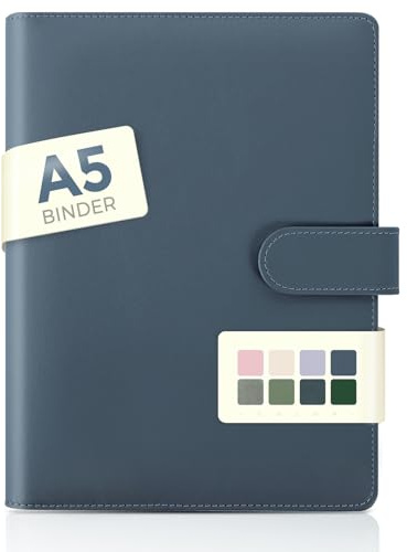 SKYDUE Cartella A5, cartella ad anelli A5 in similpelle per ufficio, scuola e viaggi (blu scuro)