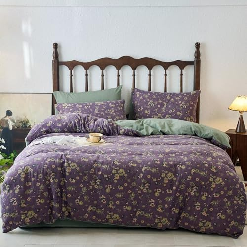 BuLuTu Vintage Purple Green Floral Duvet Cover Set Queen Comforter Cover Yarn-Dyed Jacquard Textured 100% Cotton Muslin Quilt Cover with Zipper Closure, 90x90, Ultra Soft Breathable