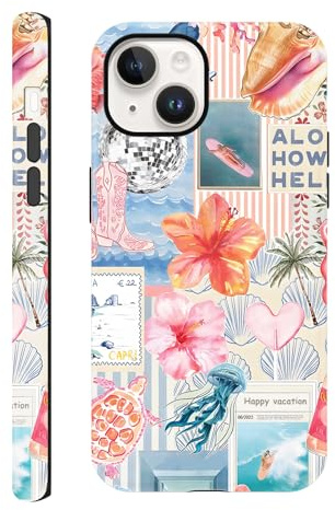 Yirlbey Mobiltelefonfodral för iPhone 14 / iPhone 13, 6,1, estetisk sommarcollage med blommor, motivdesign för flickor, tvåskiktad stötsäker mjuk färgad silikon TPU-fodral, skal