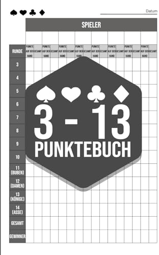 3-13 Punktebuch: Spielprotokoll für 106 Runden – 8 Spieler – schlichtes Grau – handlich im A5-Format - 3-13 Punkte buch