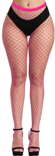 PLULON Hot Pink-Color Fishnet Stocking for Women, High Waist Tights Women Fishnet Tights Neon Fishnets Pantyhose Stockings