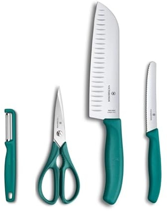 Victorinox Classic Küchenset 4-teilig - Santokumesser, Schere & Schäler | Profi-Set für Kochen und Schneiden mit Tomatenmesser und Santokumesser mit Wellenschliff, Schwarz, Swiss Made