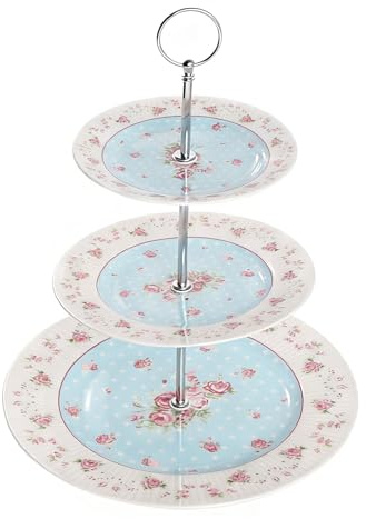 Yeqqzq Floral 3 Tier Cake Stand, Ceramic Cake Stand Wedding, Dessert Stand for Cookies, Cupcakes & Fruits, Dishwasher Safe (Blue)