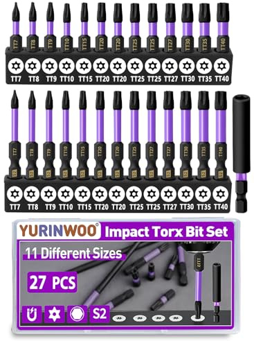 27 st Torx-skruvmejsel stjärnbit, 1 tum och 2 tum lång stjärna magnetisk skruvmejselbits, 1/4 tum sexkantsskaft S2 stål manipuleringssäker torxbit med 5,8 cm magnetisk förlängningsbitshållare och