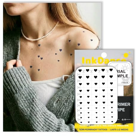InkDance Semi-Permanent Tattoo, DIY Tiny Heart, Assorted Sizes Minimalist Mini Heart, Long Lasting Temporary Tattoos, Waterproof Plant-Based Ink, Lasts 1-2 Weeks, Color Develops in 24 Hours X014