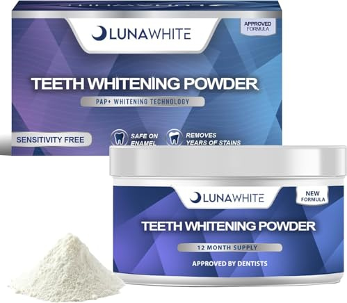 LUNAWHITE Teeth Whitening Powder - 6 Month Supply - Coffee, Tea, Wine & Smoking Teeth Stain Remover - Mint Flavour - Enamel Safe & Sensitivity Free Natural Tooth Whitener