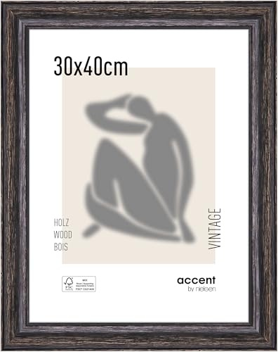 accent by nielsen Holz Bilderrahmen Vintage, 30 x 40 cm, Schwarz | Holz Fotorahmen im Hoch- & Querformat zum Aufhängen Schwarz gebürstet Echtglas