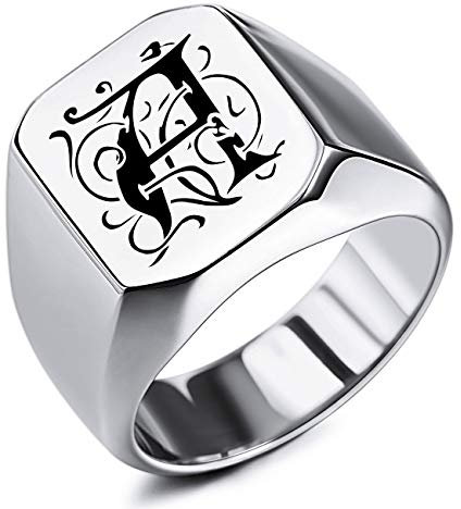 MeMeDIY Benutzerdefinierte Gravur Initialen Monogramm Siegelring für Männer Frauen Jungen Herren Ringe Edelstahl, Bundle mit Ringgrößeneinstellern (Silberfarbe, Größe 62 (19.7))