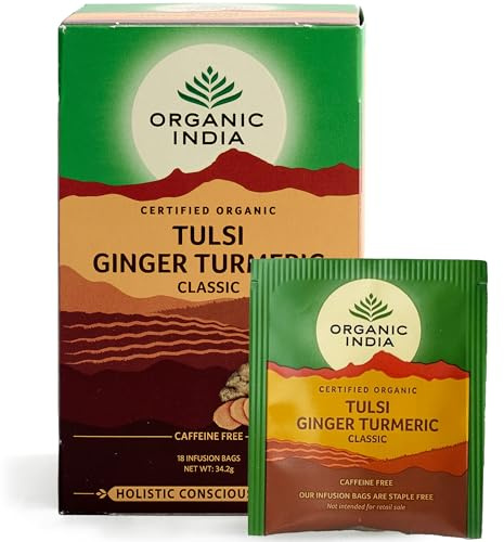 Organic India Tulsi Ginger Turmeric Tea - Organic Tulsi, Ginger & Turmeric Infusion - Bold Warming Herbal Blend with Earthy Spice - Caffeine-Free for Daily Vitality - 18 Individually Wrapped Tea Bags