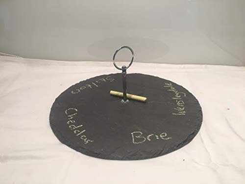 30cm Round Slate Cheese Plate Stand with Handle & Chalk for Labelling