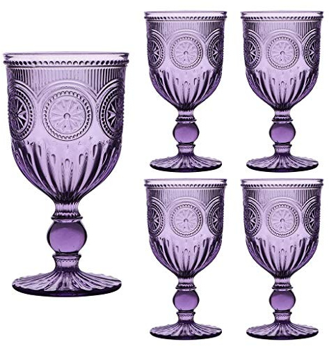 Dibor Purple Wine Goblet Set Embossed 300ml Wine Glasses Dishwasher Safe | Vintage Style, Mandala Embossed, Coloured Glassware, Alfresco Dining