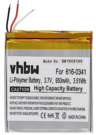 vhbw Batterie Compatible avec Apple iPod Touch MB376LL/A, MB528LL/A, MA623LL/B, MA627LL/B Lecteur de Musique MP3 (950mAh, 3,7V, Li-polymère)