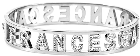 Flowers Bracciale Rigido Acciaio con Nome e Zirconcini Sacchettino in Tessuto Scritta Nome ricoperta di Strass Brillantissimi. Bracciale a Manetta Donna Chiusura a Molla. Idea Regalo (Francesca)