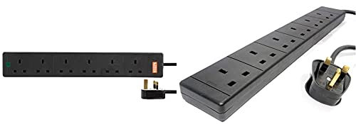 Pro Elec PL12987 6 Gang 10 m Extension Lead Surge Protector - Black & 6 JP-2BI9-EZEL Gang Extension Lead with 5m Cable - Black