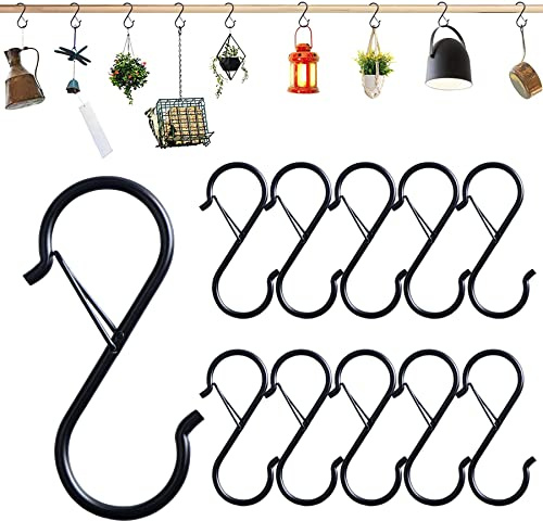 Baoswi 10 Pack S Hooks - Heavy Duty Metal Hooks with Safety Buckle Design for Hanging Plants, Lights, Kitchenware, Pans, Pots, Utensils, Clothes, Towels