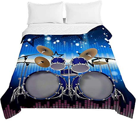 Surwin Tagesdecke Bettüberwurf Steppdecke für Doppelbett Einzelbett,Mikrofaser Wattiert Gesteppt Bettdecke 3D Schlagzeug Druck Dünne Tagesdecken mit Ultraschall Prägung (220x240cm,Blau)