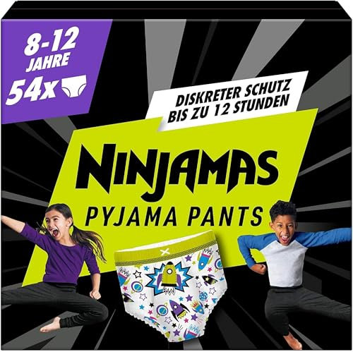 Pampers Ninjamas Pyjama Pants Garçon, 54 Sous-Vêtements de nuit Absorbants, 8-12 Ans, 27-43kg, Protection Maximale Contre Les Fuites Toute La Nuit En Toute Discrétion, Pack 1 Mois