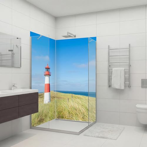 dedeco Eck-Duschrückwand wasserfest Motiv: Leuchtturm V2, 2 x 100x200 cm, als Badrückwand zum Fliesenersatz, als Dekorwand, Wandverkleidung und Duschplatte aus Aluminium - Made in Germany