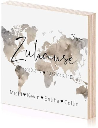 Zuhause Koordinaten Holzbild Einweihungsgeschenk zum hinstellen aufhängen mit Spruch auf Holz als Geschenk-Idee zum Hausbau Einzug Einweihung Richtfest Wand-Bild (Nature Beige)