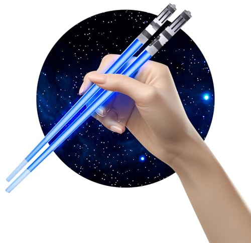 Palillos con sable de luz LED (1 par, azul, puntas para agarrar alimentos)