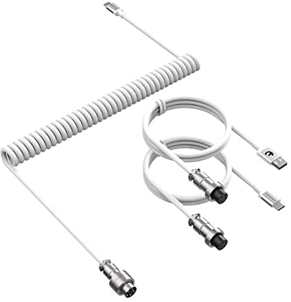 ATTACK SHARK Custom C04 2in1 Coiled USB C Cable for PC/Keyboard/Mouse | USB-A to Type-C/Type-C to Type-C with 5 Pin Detachable Metal Aviation Plug, Double Sleeve Spiral Extendable TPU Cable-White