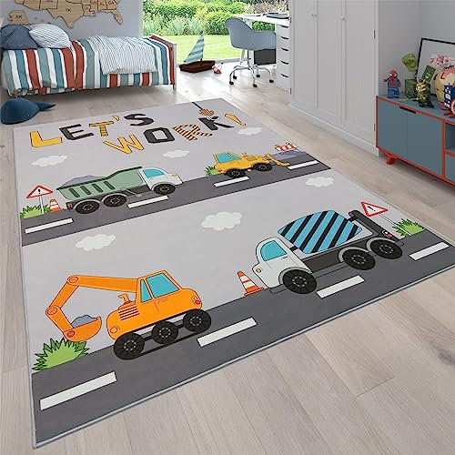 Paco Home Teppich Kinderzimmer Kinderteppich Junge Mädchen Spielteppich Autoteppich Straßenteppich rutschfest Modern Grau Creme, Grösse:240x340 cm